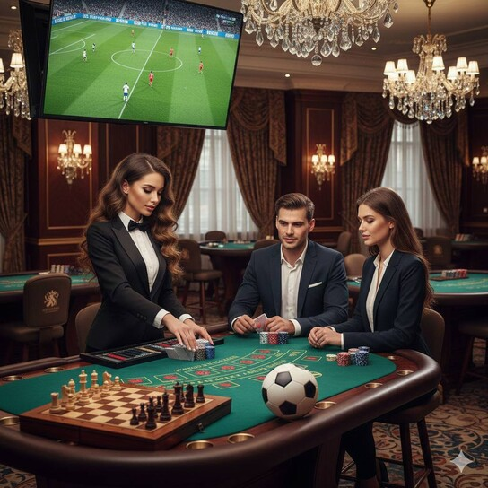 Illustration of various casino games like slots and cards with virtual coins, emphasizing free play.
